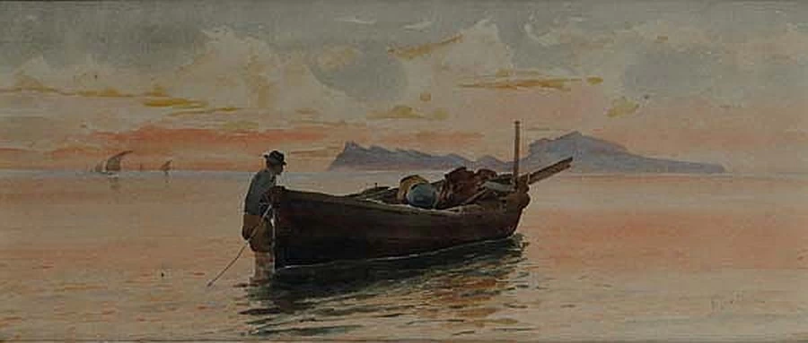 Veduta di un pescatore napoletano in barca nel Golfo di Napoli con silhouette di Capri a distanza